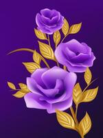 vector mano pintado púrpura flores con oro hojas