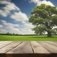 Wooden table on the background of a perfect lawn and tree photo