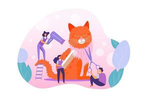 Cartoon Color Characters People and Grooming Cat Concept. Vector