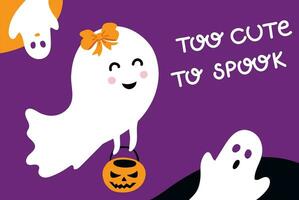 Happy Halloween. Banner with white cute ghosts and quote on purple background. Greeting card. Quote too cute to spook . Flat design. Vector illustration