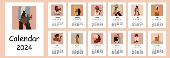 2024 calendario con resumen ilustraciones mujer . calendario planificador mínimo estilo, anual organizador. vector ilustración