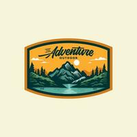 Wilderness vector logo or t shirt graphic design . Mountain and lake vintage artwork for apparel, sticker, batch, background, poster and others