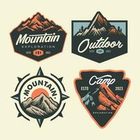 set collection of adventure badge design. Mountains set labels. Mountaineering, climbing, hiking vector illustration. Camping emblem logo with mountain in retro hipster style.