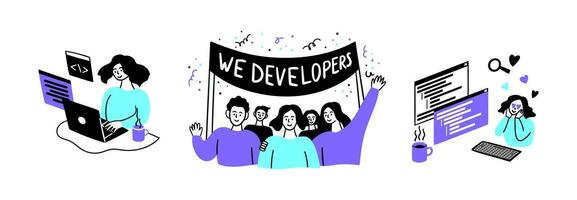 Cartoon Color Web Development Concept Scenes Set. Vector