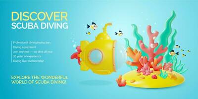 3d Discover Scuba Diving Placard Poster Banner Card Template Cartoon Style. Vector