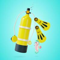 3d Aqualung or Scuba Oxygen Cylinder and Fins Set Cartoon Style. Vector