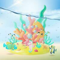 3d Color Underwater World Scene Concept Cartoon Style. Vector