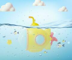 3d Yellow Submarine with Periscope Underwater Cartoon Style. Vector