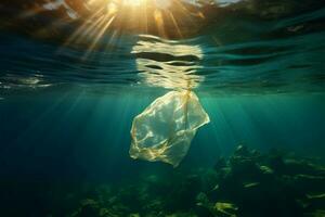 marina contaminación representado como un el plastico bolso flotadores debajo el olas ai generado foto