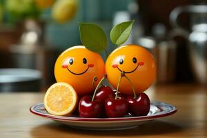 juguetón comida arreglo dos cerezas y un naranja sonriente cara plato ai generado foto