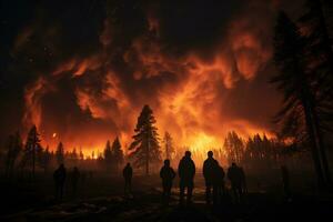 Night view, people observe forest fire silhouette AI Generated photo