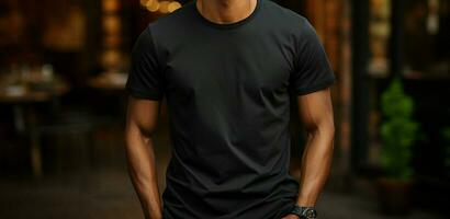 Sleek black t-shirt African-American man, brick wall environment AI Generated photo