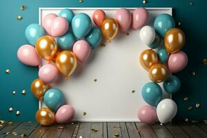 Top view party setup, colorful balloons, white frame, blue wooden table AI Generated photo