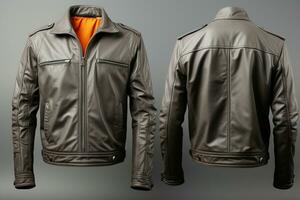 Grey background, front and back view of blank leather jacket AI Generated photo