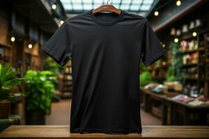 Minimalist black tee, rustic brick background AI Generated photo