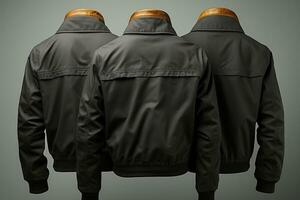 Plain black jacket mockup, front and back view, isolated on grey AI Generated photo