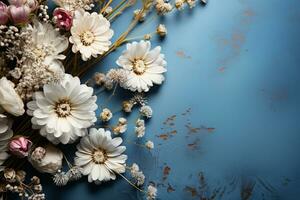 From above, wedding mockup, flowers, gypsophila, blue table, flat lay AI Generated photo