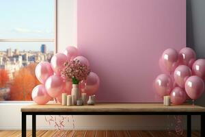 Pink table party, pastel balloons, frame, confetti mockup AI Generated photo