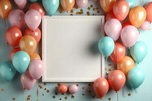 Pastel party mockup, frame, balloons, confetti, flat lay style AI Generated photo