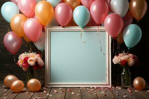 Top view birthday mockup, frame, pastel balloons, confetti, flat lay AI Generated photo