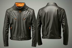 Isolated on grey, front and back view of blank leather jacket AI Generated photo