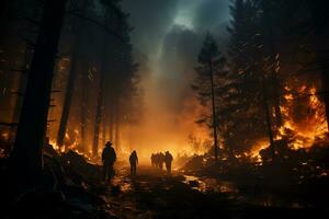 Noche extinción de incendios, confrontando un salvaje bosque infierno fuera de controlar ai generado foto