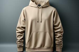 Beige hoodie template. Hoodie sweatshirt long sleeve with clipping path, mockup AI Generated photo