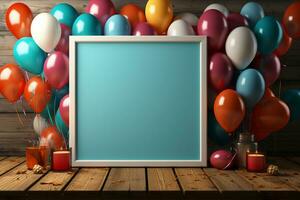 Celebration mockup, white frame, colorful balloons, blue wooden table AI Generated photo