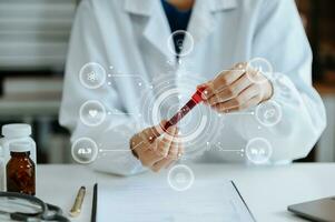 Dctor work on digital tablet healthcare doctor technology tablet using computer in laboratory study with vr icon photo