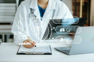 Dctor work on digital tablet healthcare doctor technology tablet using computer in laboratory study with vr icon photo