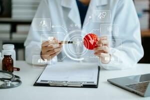 Dctor work on digital tablet healthcare doctor technology tablet using computer in laboratory study with vr icon photo