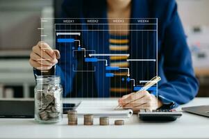 ahorrar dinero con la mano poniendo monedas en jarra de vidrio y calculadora para calcular el concepto de presupuesto finanzas y contabilidad y diagrama de gráfico de gantt. foto