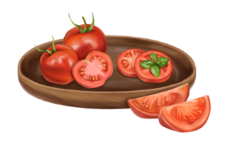 un composición de Tomates en un bandeja hecho de madera. Tomates en rebanadas, triangulos, con un albahaca hoja. digital ilustración png