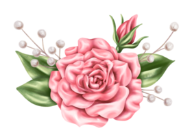 An elegant composition of pink roses, leaves and dried decorative flowers in watercolor style. Digital illustration. For invitations, date saving, gratitude or greeting card. png