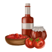composizione con prodotti a partire dal rosso pomodori. bicchiere vaso e bottiglia, di legno ciotola. digitale illustrazione. applicabile per confezione disegno, cartoline, stampe, tessile png