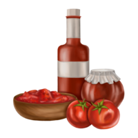 Composition with products from red tomatoes. Glass jar and bottle, wooden bowl. Digital illustration. Applicable for packaging design, postcards, prints, textiles png