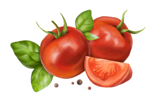 A composition of fresh red tomatoes, ripe basil leaves and black pepper. Digital illustration. For packaging design, postcards, prints, banners, textiles, printing. png