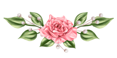 An elegant composition of pink roses, leaves and dried decorative flowers in watercolor style. Digital illustration. For invitations, date saving, gratitude or greeting card. png