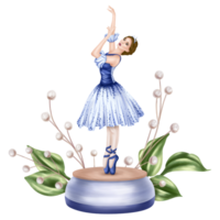 A prima ballerina dancing on a pedestal in an elegant blue tutu and pointe shoes. A girl on tiptoe. A performance in the theater, a music box with a statuette. Isolated digital illustration. png