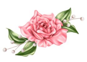 An elegant composition of pink roses, leaves and dried decorative flowers in watercolor style. Digital illustration. For invitations, date saving, gratitude or greeting card. png