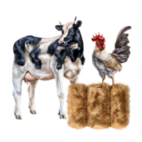 A composition of a black and white cow and a gray rooster on a golden haystack. For postcards, textiles, booklets, banners, stickers. Digital illustration. png