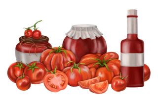 Composition of red tomatoes and glass jars with tomato paste. Digital illustration. Applicable for packaging design, postcards, prints, textiles png