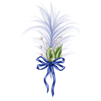 ett elegant sammansättning av ett luftig fjäder, löv och torkades blommor bunden med en blå silke band. digital illustration. för inbjudningar, tack eller en hälsning kort. png