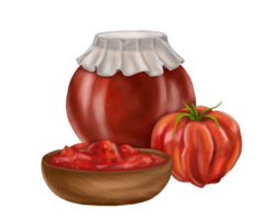 Composition with products from red tomatoes. Glass jar, wooden bowl. Digital illustration. Applicable for packaging design, postcards, prints, textiles png