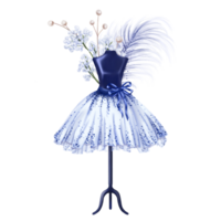 Blue ballet tutu decorated with pebbles and bows. A skirt worn on a mannequin. A theatrical backstage, an atelier, outfit for a fashion show and a masquerade. Digital isolated illustration. png