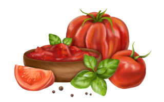 Composition of a cup of tomato sauce, fresh red tomatoes, ripe basil leaves and black pepper. Digital illustration. For packaging design, postcards, prints, banners. png