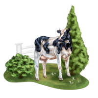 uma agricultores composição do uma Preto e branco vaca dentro uma pasto entre árvores para cartões postais, têxteis, livretos, bandeiras, adesivos. digital ilustração. png