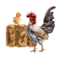 Farmer's composition of yellow chicken gray rooster and golden haystack. Digital illustration. For packaging design, postcards, prints, banners, textiles, printing. png