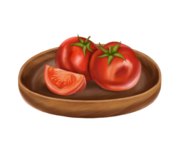 Composition with tomatoes and tomato slice on a wooden tray. Digital illustration. Applicable for packaging design, postcards, prints, textiles png