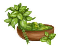 Composition of a fresh bunch of basil and green sauce in a wooden plate. Digital illustration. For packaging design, postcards, prints, banners, textiles, printing. png